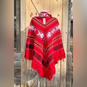 Vintage Red Knit Aztec Southwest Fish Boho Tassel Fringe Poncho w/Scarf~OS~